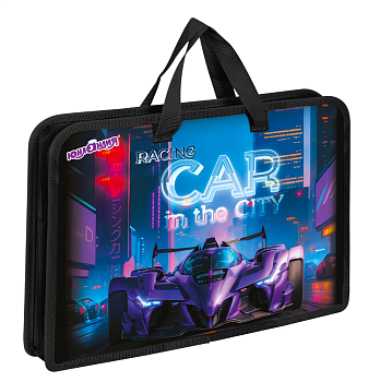 Папка на молнии с ручками ЮНЛАНДИЯ А4, 1 отделение, пластик, ширина 45 мм, "Гоночная машина", 274485